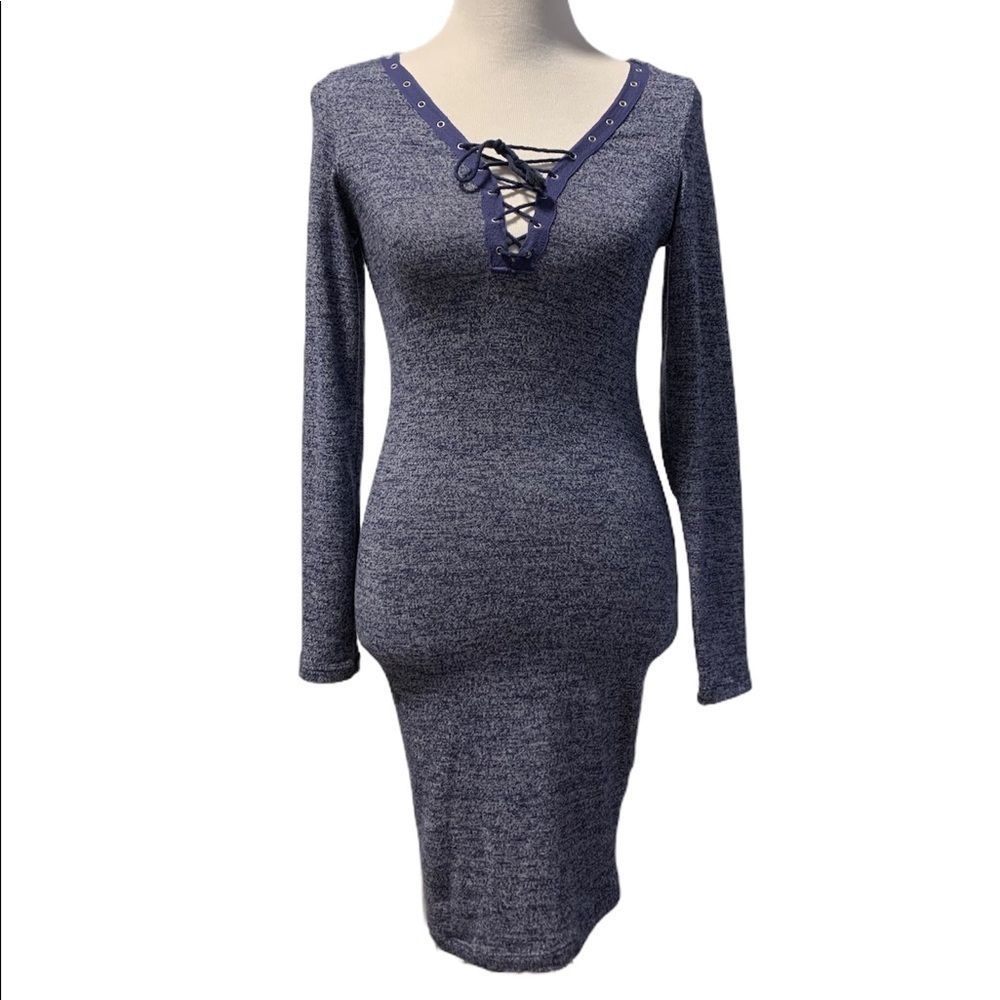 Poof | Blue V-neck Lace Up Long Sleeve Dress